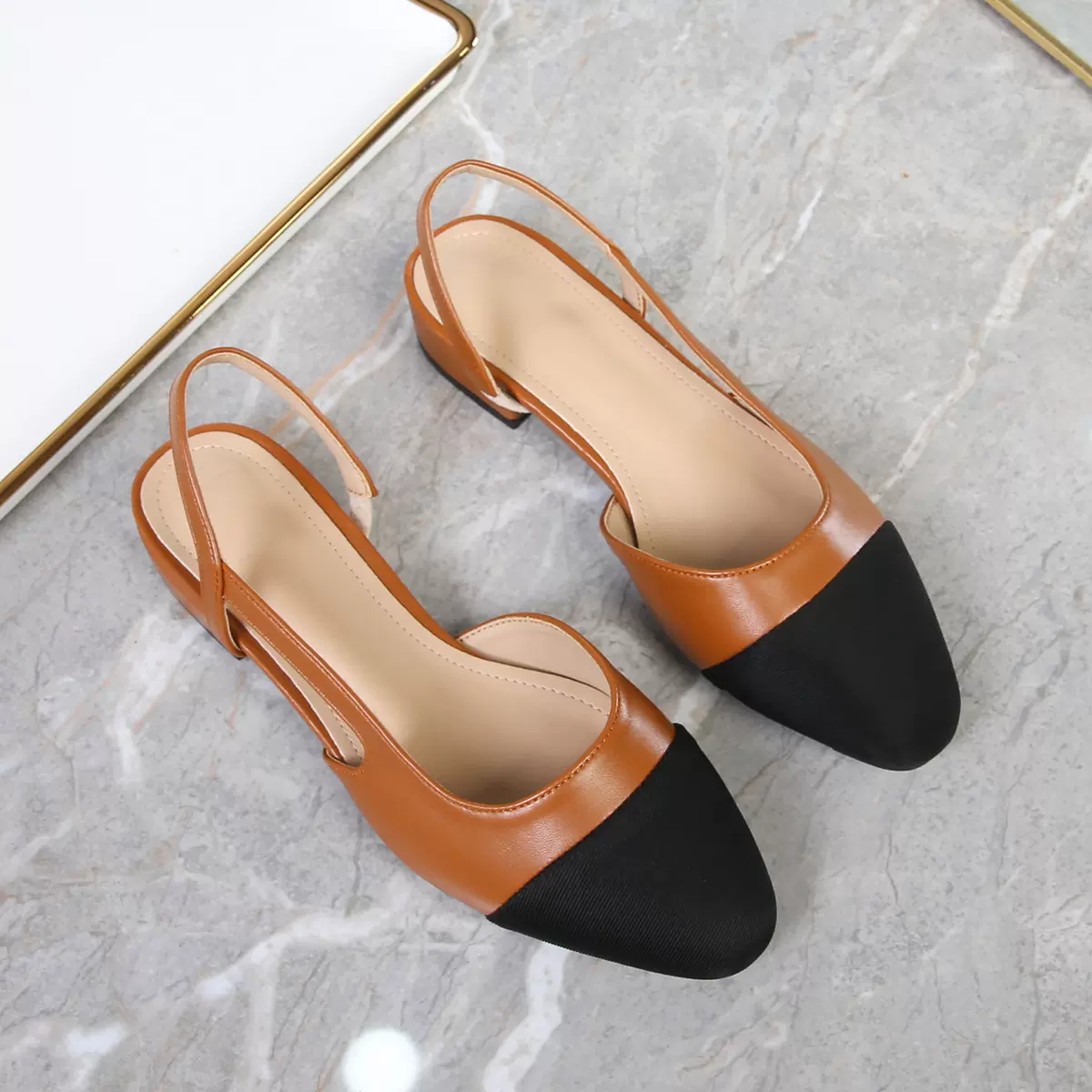 现货跨境软皮拼色凉鞋平底粗跟高跟鞋法式新款小香风浅口单鞋中跟