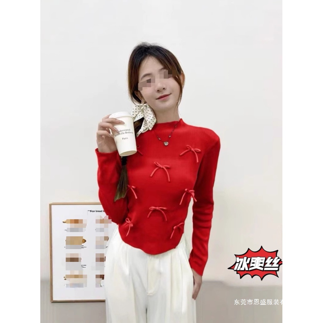 半高领蝴蝶结长袖针织衫女秋冬设计感配饰修身常规袖潮流上衣女