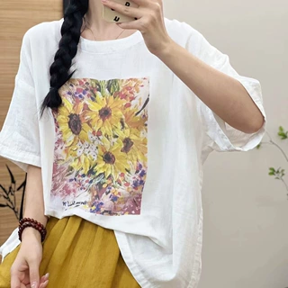 新款复古文艺印花圆领双层棉纱短袖百搭休闲宽松显瘦短袖T恤上衣
