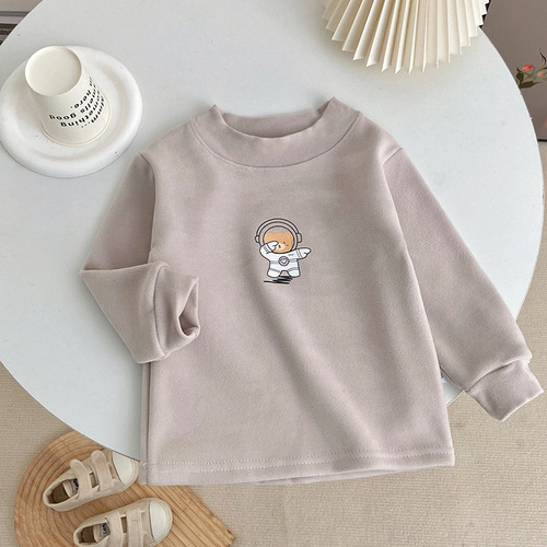 Children's semi-high-neck bottomed shirt for boys and girls, autumn and winter, velvet, sanding, warm long-sleeved Korean T-shirt, sweater, velvet