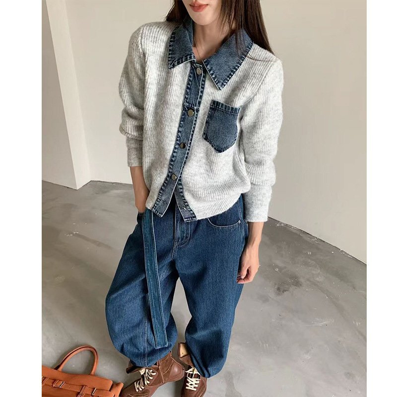 小众设计感秋冬PoIol领拼接牛仔针织开衫毛衣女宽松显瘦时尚外套|undefined