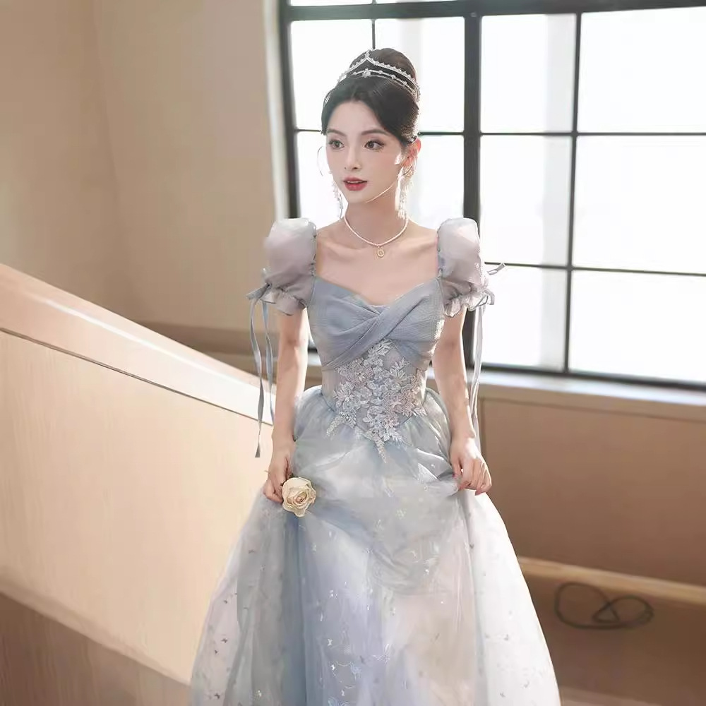 Vestido de Noche Azul banquete estilo francés luz nicho de lujo temperamento estilo sentido transfronterizo Princesa arte vocal examen rendimiento femenino