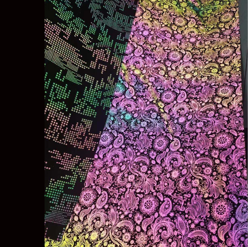 批发炫彩幻彩七彩反光面料欧美亚马逊针织四面弹力渐变印花面料