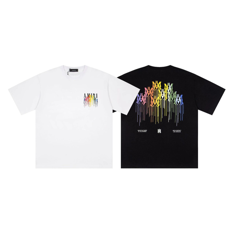 Am Summer New Style Rainbow Drip Letter Print Short-Sleeved American High Street Loose Heavyweight Cotton Couple T-Shirt