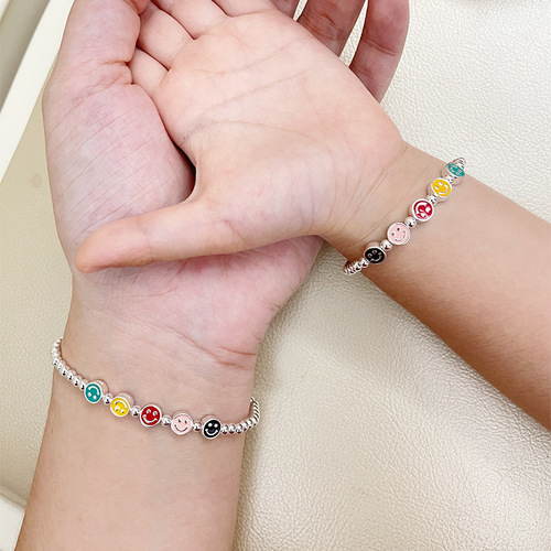 S925 Rainbow Children's Bracelet Korean Version Handmade Bead Rainbow Smiling Droplet Epoxy Five-Color Silver Bead New Model Parent-Child Bracelet