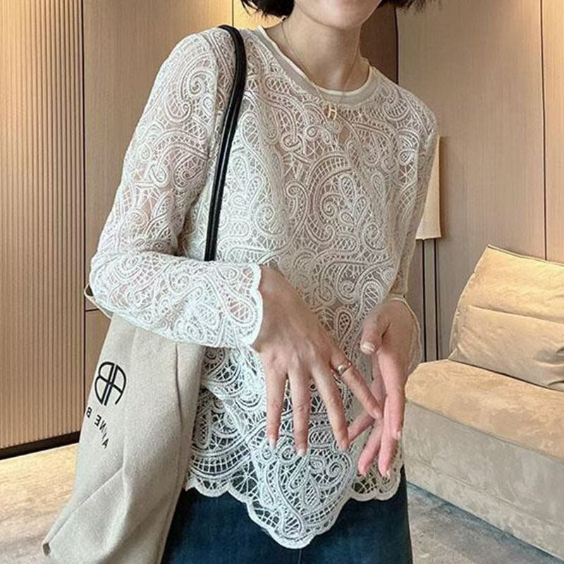 Women's 2026 New Korean Style Round Neck Heavy Lace Layered Long-Sleeved Blouse with Hollow-Out Design