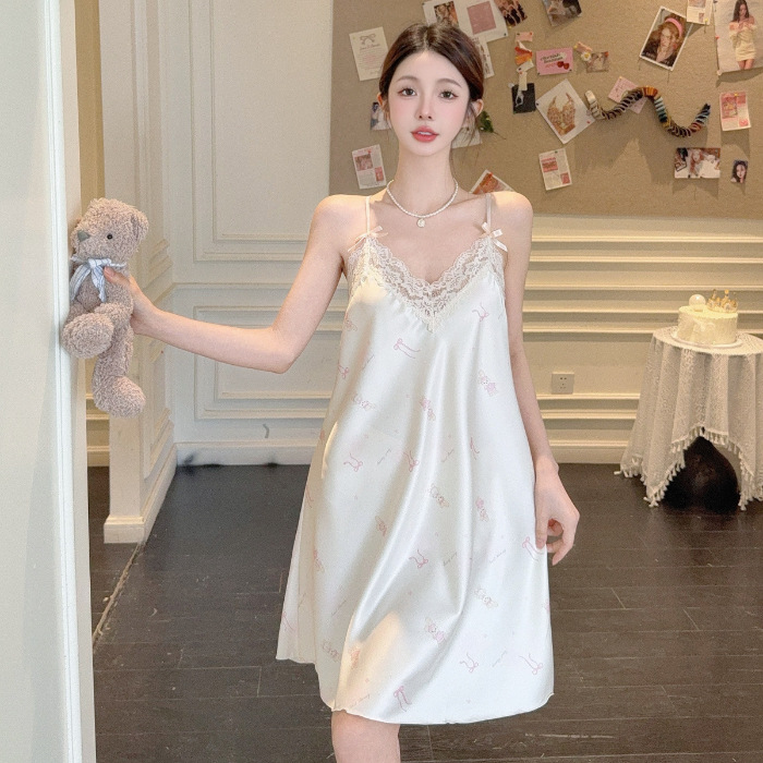 2025 verano hielo y nieve pijama de seda chica pura libido de viento esling arco de encaje impresión pijama ropa de hogar sexy