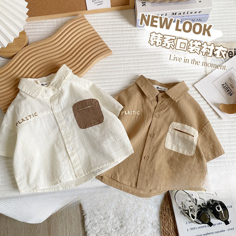 Children's short-sleeved shirt boy 2023 summer new style boy fashionable thin shirt baby Korean top trendy