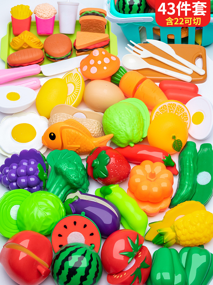 Juego de cocina de juguete para niños con carrito de compras, verduras y herramientas para cortar frutas, para niñas y niños.