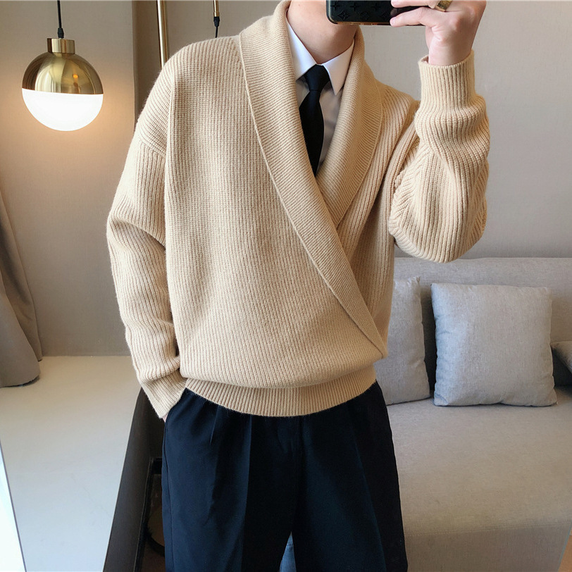 South Korea Autumn and Winter Solid Color Big V-Neck Pendant Distinctive Sweater Men's Loose Lazy Style Casual Knitted Sweater Jacket