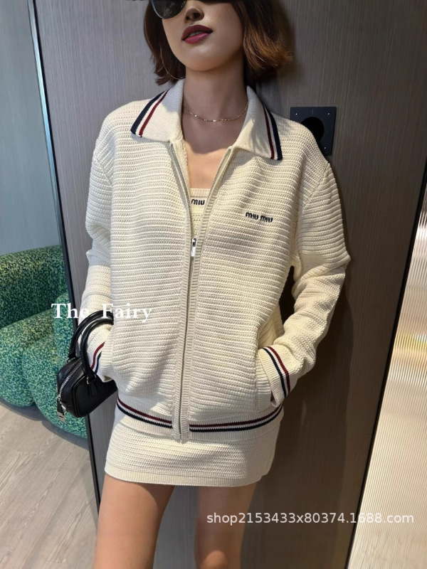 25Ss早秋新款M家撞色针织拉链外套韩系少女风刺绣字母翻领开衫|undefined