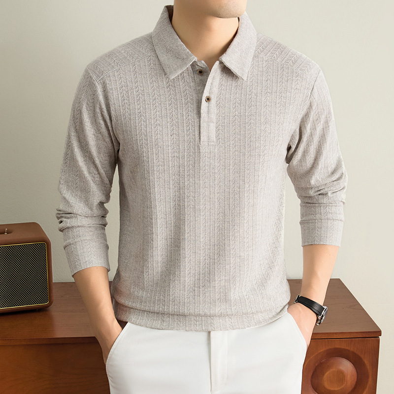 Old Money style knitted polo shirt with textured jacquard pattern, fashionable long-sleeved new design, casual knit sweater for men Old Money style knitted polo shirt with textured jacquard pattern, fashionable long-sleeved new design, casual knit sweater for men