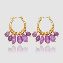 原创新款紫水晶耳环欧美复古民族风耳饰波西米亚天然石手工耳圈女