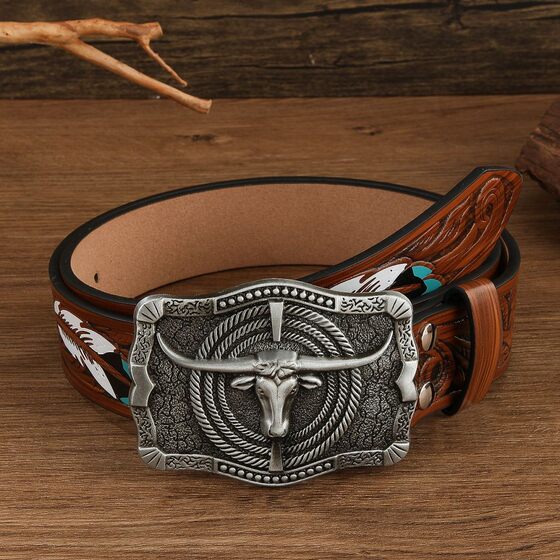 Feather style big cow head cross-border fashion trend Joker belt personality youth wholesale