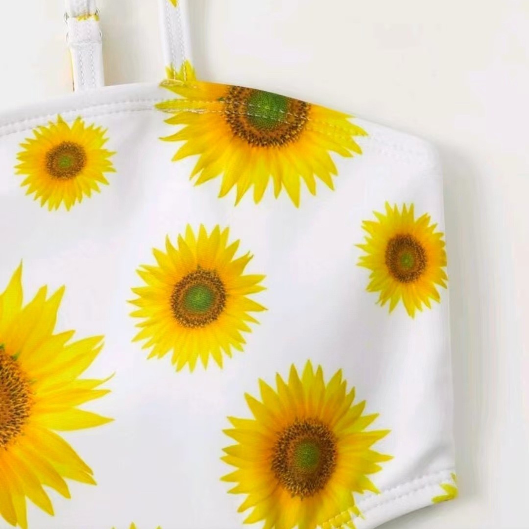 Modischer einteiliger Badeanzug für Mädchen, zweiteiliger Badeanzug mit Sonnenblumenmuster aus Mesh für Kinder (3-7 Jahre)_voghion.com
