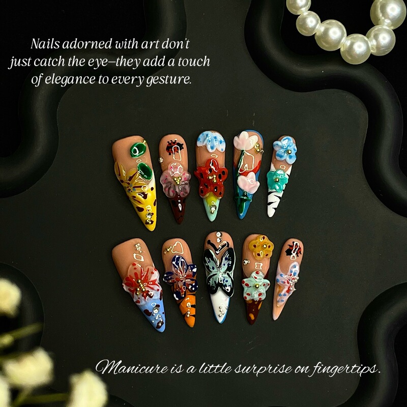 Popular Oil Painting Manicure, Pure Handmade Wearable Manicure, Contrasting Colors, Super Heavy-Duty European and American Long Manicure, Sexy, Sweet and Cool