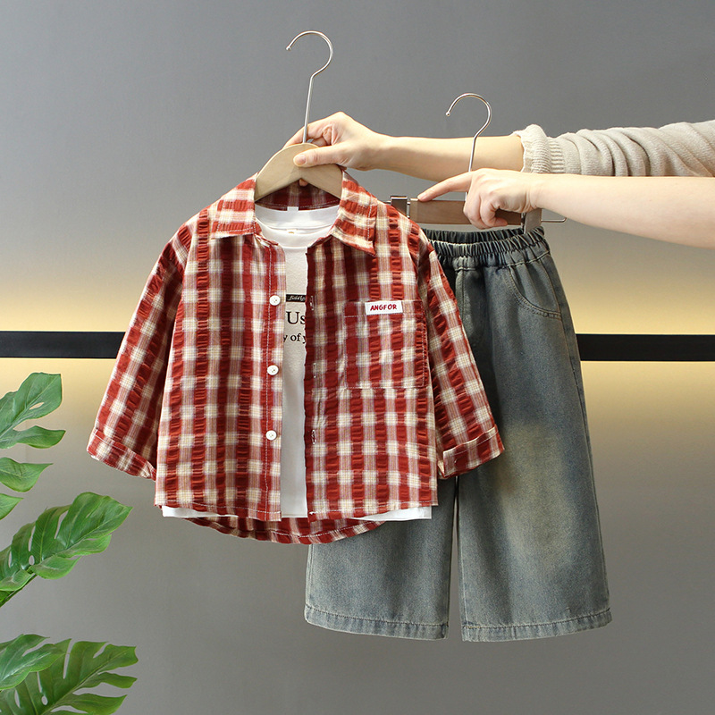 7679 traje de primavera para niños 2025 nuevo estilo estilo occidental moda primavera y otoño ropa camisa coreana de tres piezas