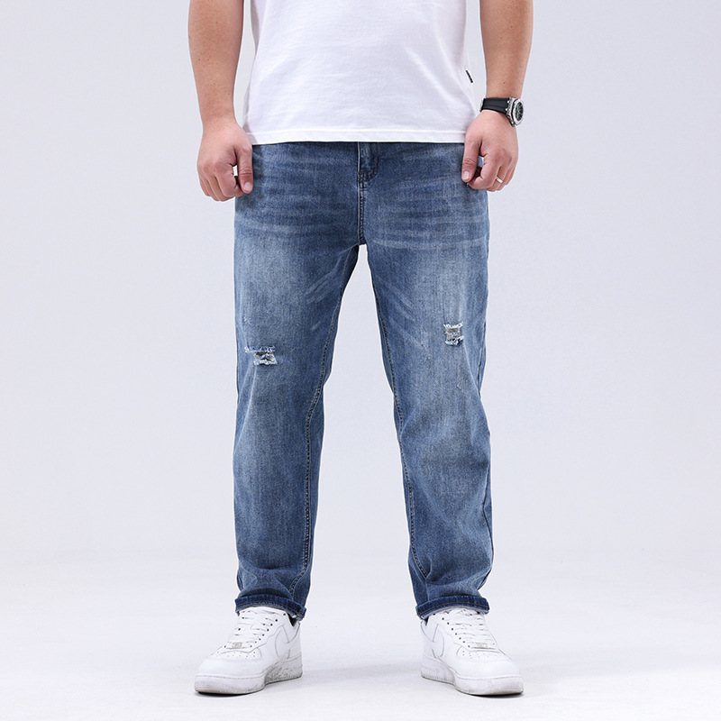 plus size Men's Stretch Jeans Summer Thin Ripped Loose Small Straight Tube Plus Large Size Fat Pants