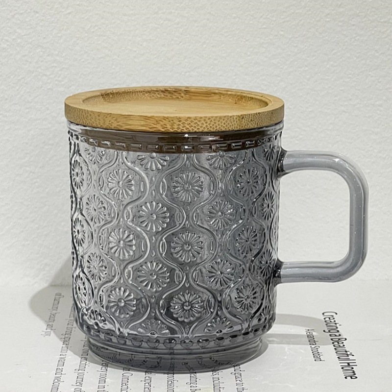 Caneca de vidro vintage com alça, estilo Instagram, com relevo, ideal para café gelado americano ou latte, perfeita para o café da manhã com leite._voghion.com