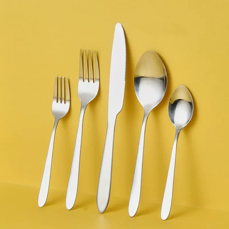 亚马逊跨境光柄不锈钢刀叉勺餐具套装酒店餐厅家用西餐牛排五件套