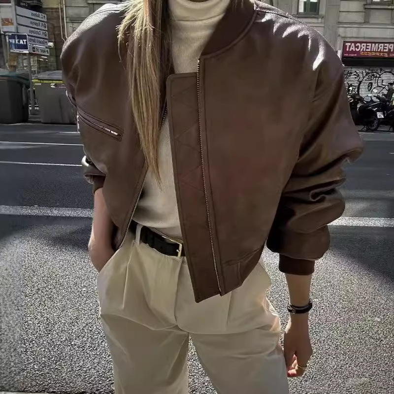 2024 Autumn and Winter American Style Collar Quilted Leather Coat Women's Short Slim-fit Zipper Cardigan PU Leather Jacket Top