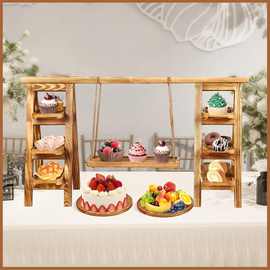 木制三层蛋糕架上菜托盘梯形甜品展示架聚会派对餐桌装饰实木置物