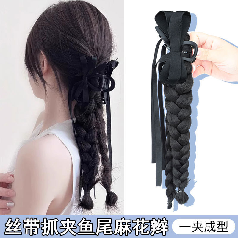 Wig braid clip-on high ponytail, Instagram-style ribbon braided hair accessory, cheongsam-inspired, high-end, voluminous, natural-looking ponytail