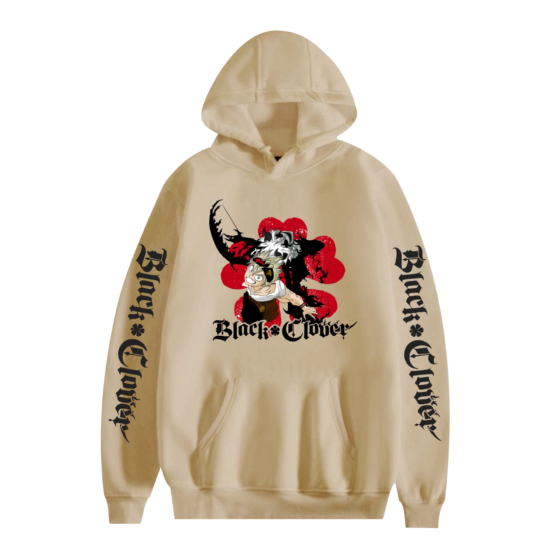 Suéter con capucha periférico de animación de trébol de cuatro hojas negro bidimensional marca de moda sudadera con capucha suelta casual más chaqueta de terciopelo nuevo