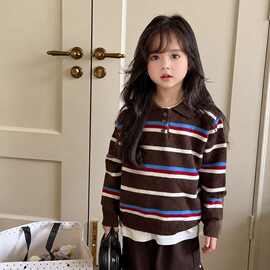 复古咖色女童撞彩条纹Polo针织衫春秋肌理翻领套头长袖毛衣上衣