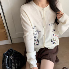 2025新款秋冬圆领卡通单排扣全羊毛外套女士甜美学院风针织衫上衣