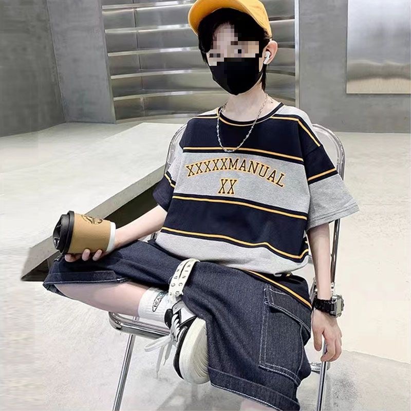 男童套装2025新款夏装休闲中大童纯棉短袖T恤牛仔中裤两件套韩版