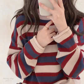 2023复古蓝红条纹针织毛衣外套女秋季日系宽松慵懒风时尚减龄上衣