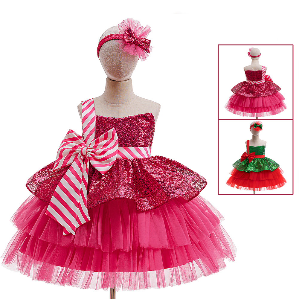 Europa y América ropa infantil de Navidad rojo verde vestido de princesa de malla de niños cosplay ropa de fiesta de Navidad