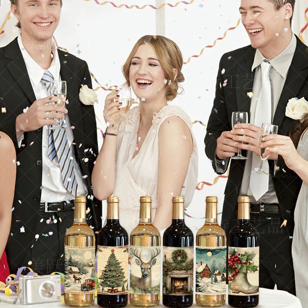 Nuevo tema retro FIESTA DE Navidad decoración botella de vino pegatinas invierno Navidad decoración pegatinas adhesivas
