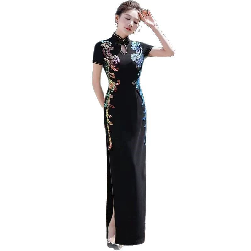 Чжуншао, длинное черное платье, легкий костюм, китайский стиль