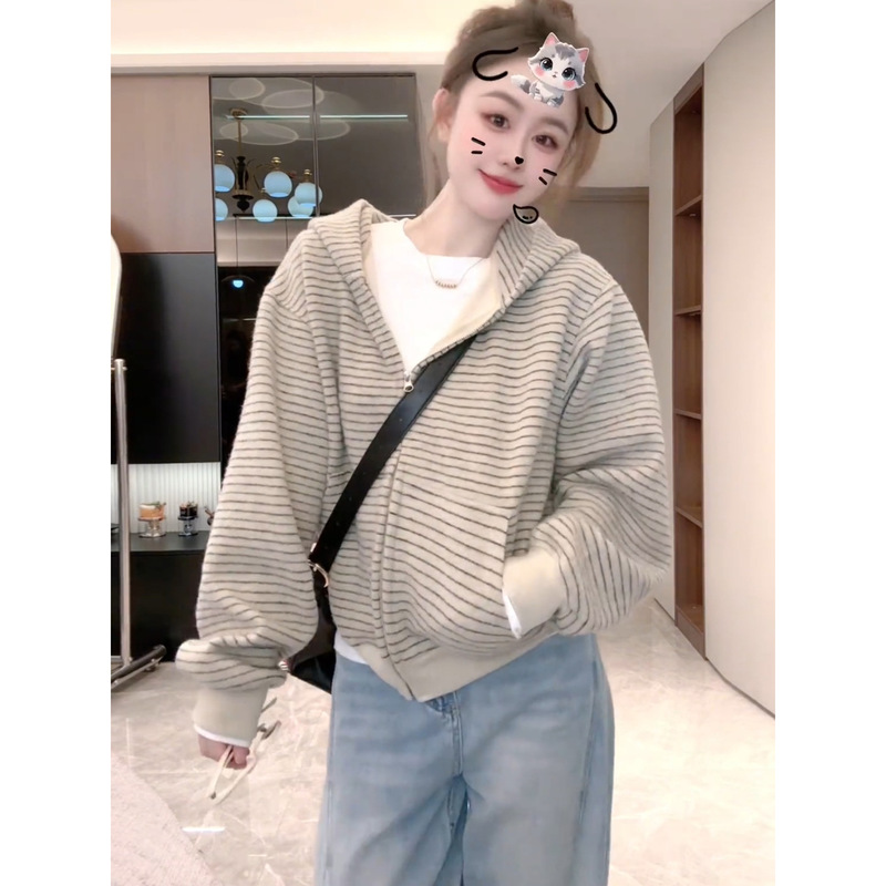 美式开衫条纹连帽拉链外套女2025秋季新款小众运动休闲宽松卫衣潮|undefined