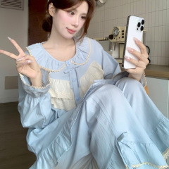 韩国ins女士宽松公主蕾丝刺绣花边纯色公主长袖家居服套装秋新款