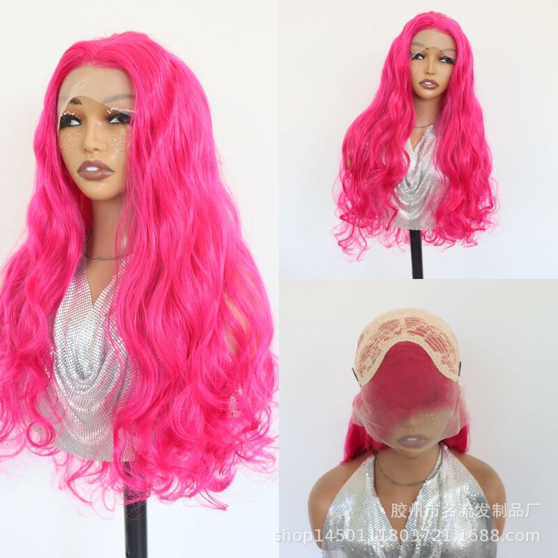 European and American style long curly wig, rose red color, hand-tied lace front, 13*4, synthetic fiber, high-temperature fiber, cosplay full wig