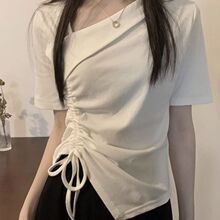 废土风设计不规则辣妹短袖T恤感小众夏季抽绳短款斜领新款上衣