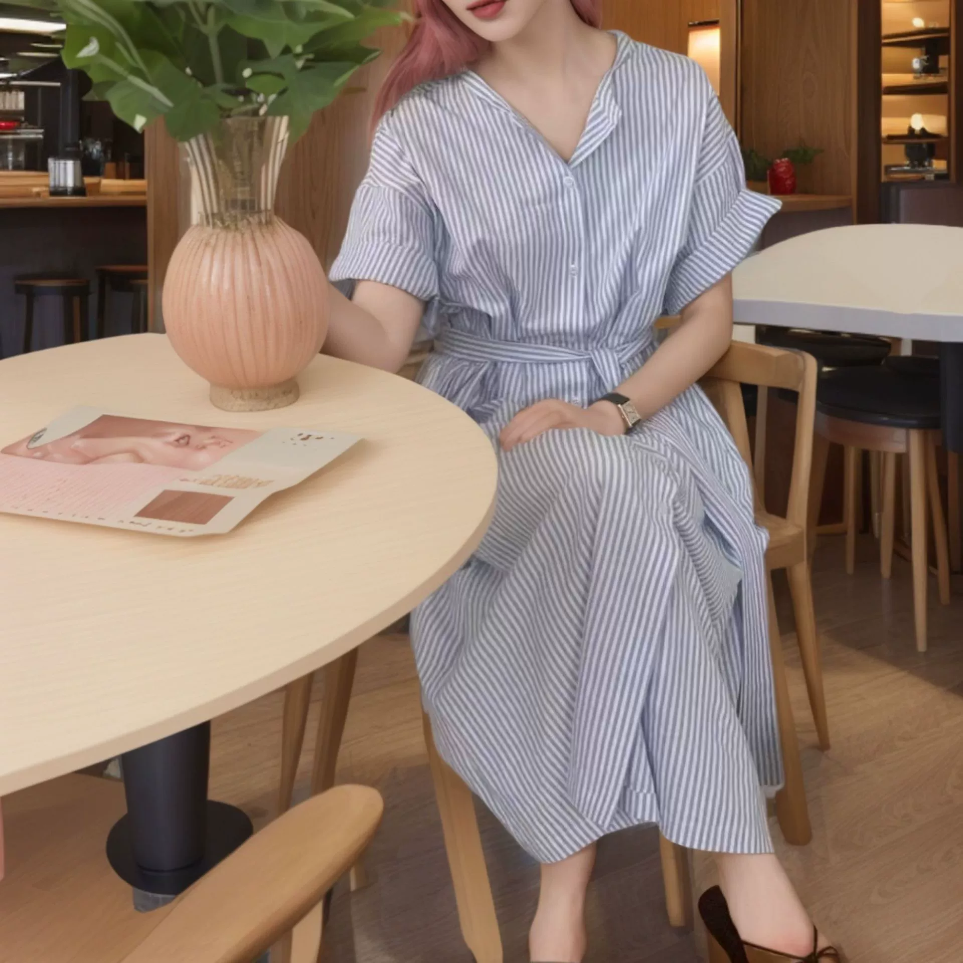 Кросс-бордер 2025 новый элегантный стиль однобортное платье-рубашка с шнуровкой, полосатая свободная длинная юбка для внешней торговли