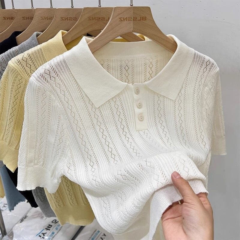 2025 Short-Sleeved Korean Style Top Lapel Short-Sleeved New Style Hollow Summer Niche Trendy Knitwear Women's Chic Fashion