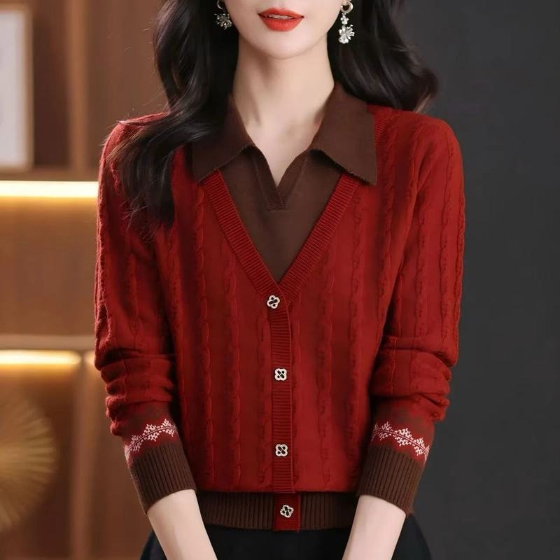 假两件毛衣女2025新款春秋洋气宽松外穿百搭打底衫翻领上衣针织衫|undefined