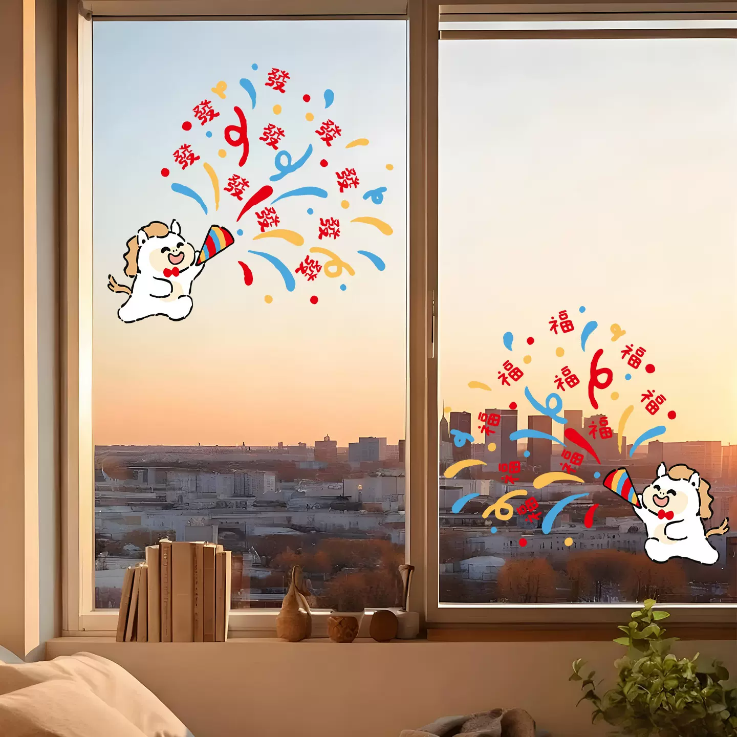 2026新款马年福字窗花静电贴春节新年店铺橱窗线条小马玻璃贴纸装