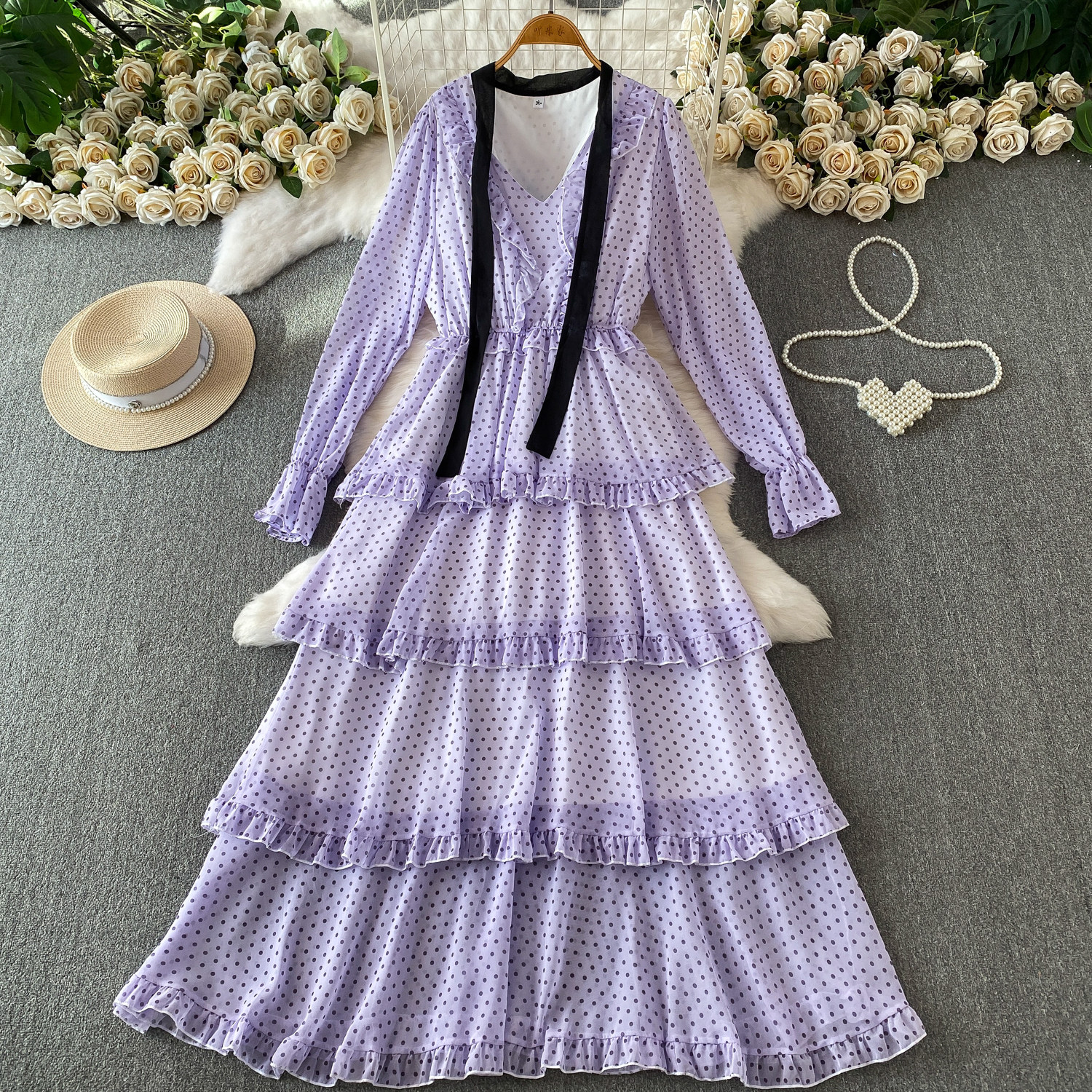 Women's French Sweet Color Block Bow V Neck Long Sleeve Dress Summer Polka Dot Ruffle Hem Elegant Long Skirt_ecoleips.com