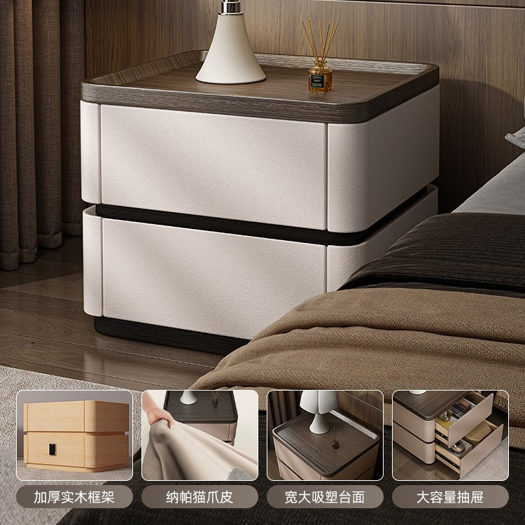 Minima mesita de cama de madera maciza2025 nuevo diseño de alta sensación de lujo ligero moderno y simple gabinete de cama de dormitorio familiar