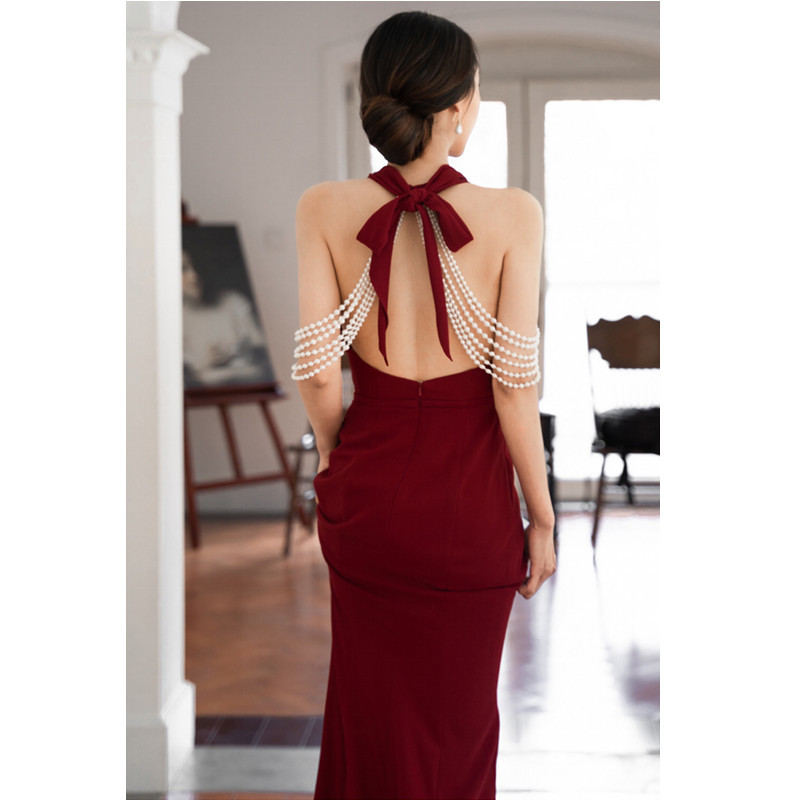Elegant burgundy long spring evening dress for bride