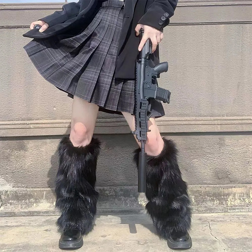 Sheer Leggings with Flocked Socks, Rabbit Fur Outerwear Leggings, Warm and Thick Subculture Mid-Calf Socks, JK Stacked Socks