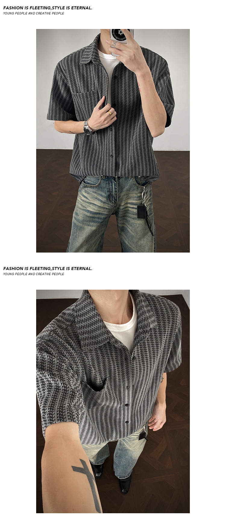 Fishbone Pattern Boxy Short Sleeve Overcoat For Men Stylish_voghion.com