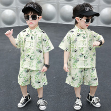 2024新款男童熊猫汉服中国风古装国潮新中式唐装儿童薄款短袖套装