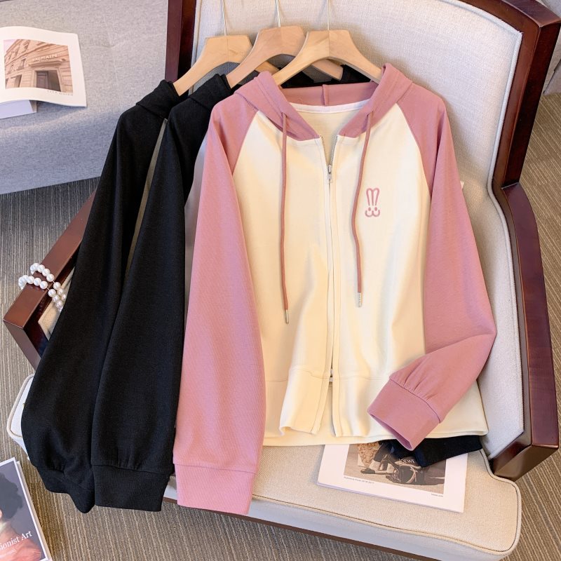 Large Size Women's 2024 Spring New Loose Hooded Sweater Cardigan Jacket Slimming Western Style Zipper Top for Chubby Girls